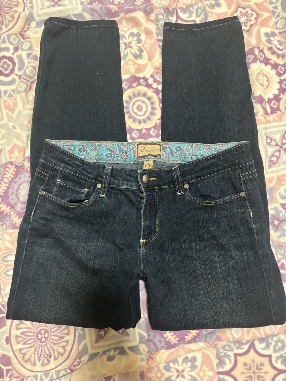 PAIGE Dark Indigo Straight Leg Jeans with Paisley Waist Lining